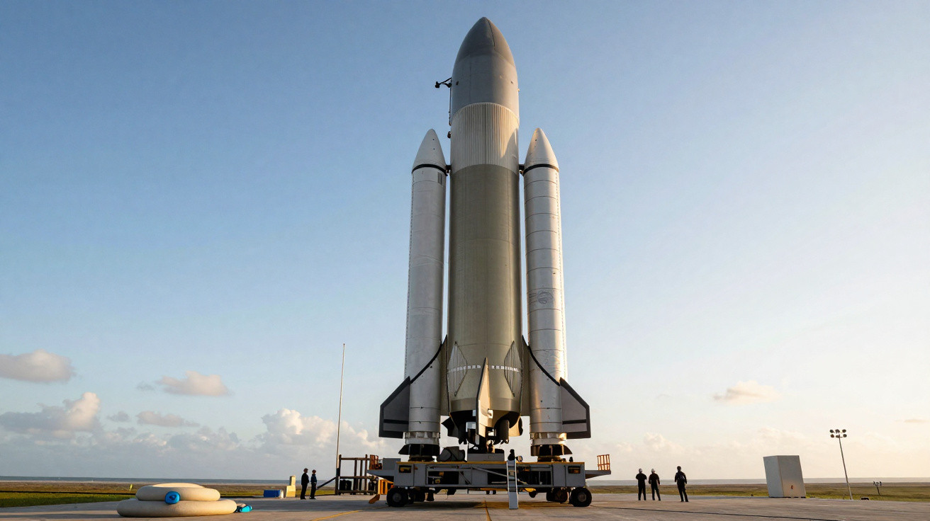 Foguete espacial decolando ao amanhecer com duas pessoas observando na plataforma de lançamento.