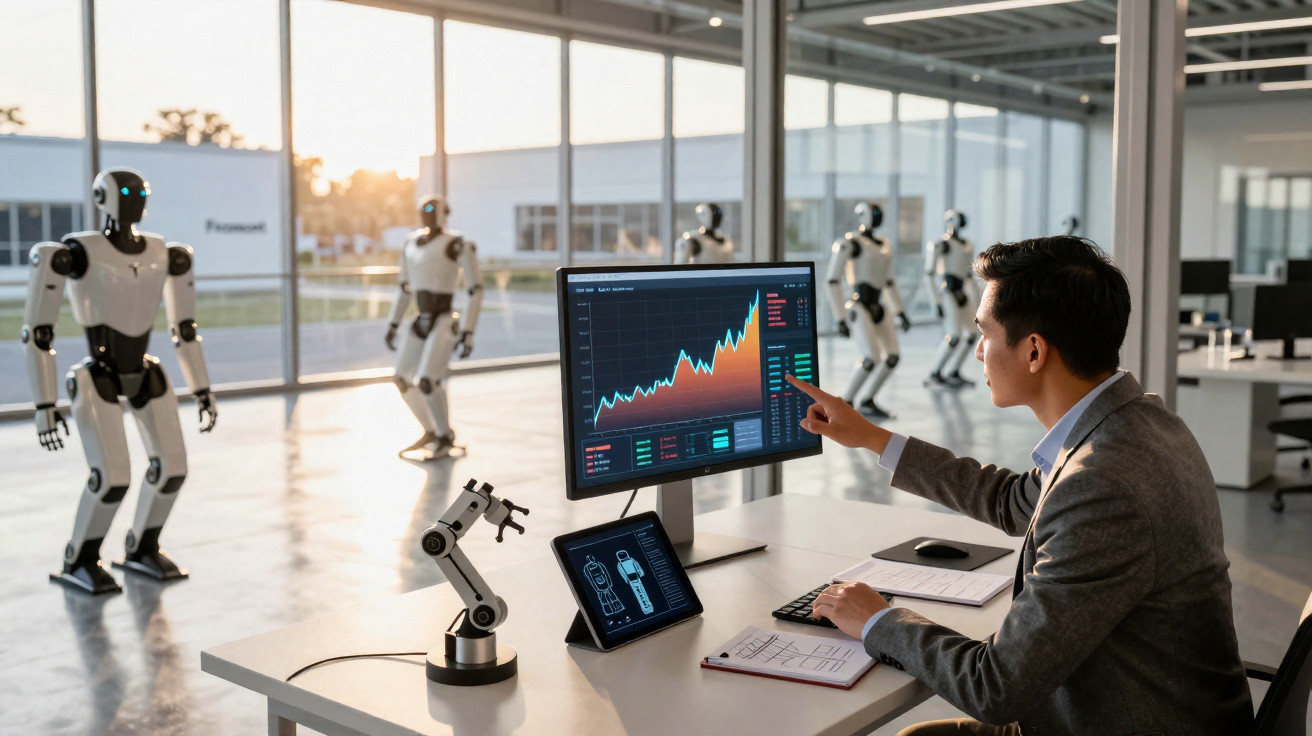 Homem analisando gráficos em computador dentro de laboratório com vários robôs humanóides ao fundo.