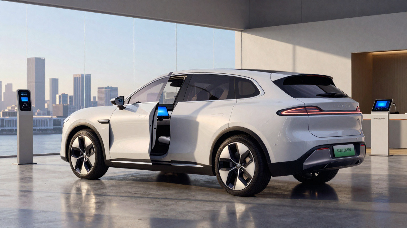 Carro elétrico esportivo branco estacionado em ambiente interno moderno com portas ligeiramente abertas.
