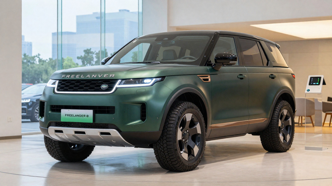 SUV verde metálico modelo Freelander 8 em exposição dentro de showroom moderno e iluminado.
