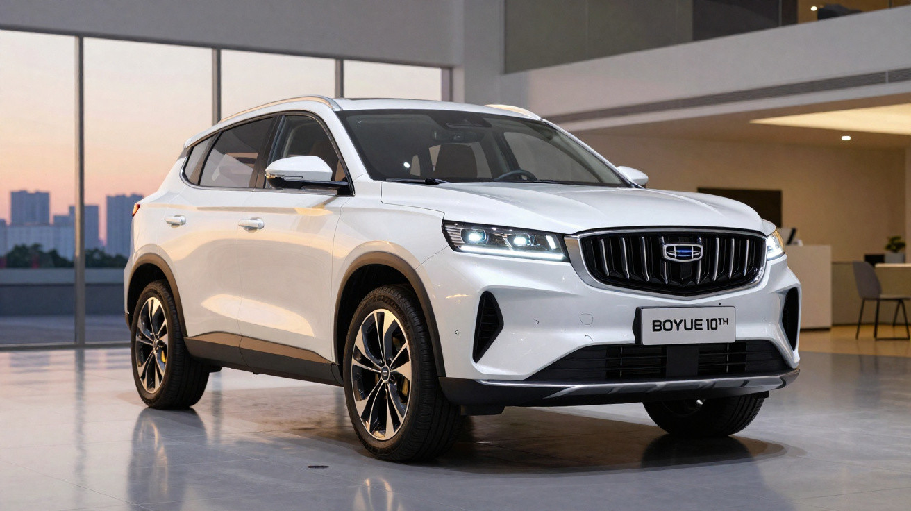 Carro SUV branco Geely Boyue 10th Edition estacionado em ambiente interno moderno ao entardecer.