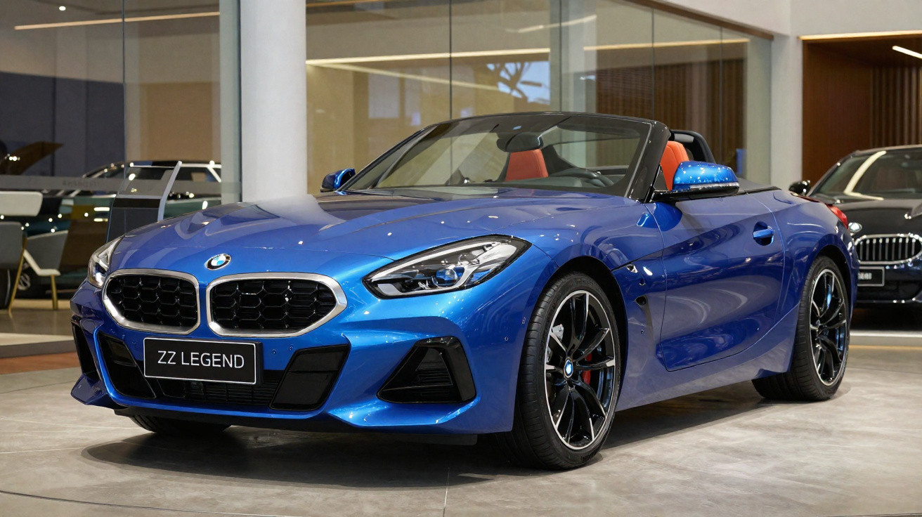 Carro conversível esportivo BMW Z4 azul com interior vermelho em exposição interna.