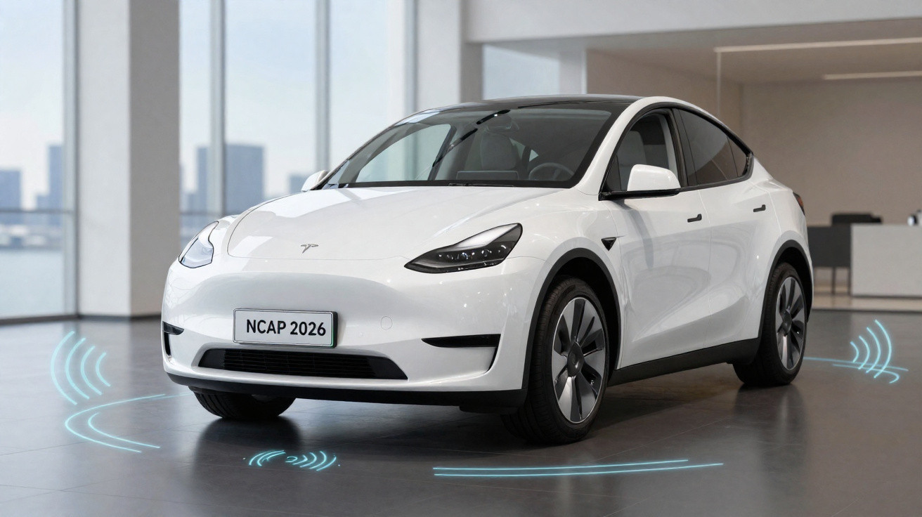 Carro elétrico branco Tesla Model Y em ambiente interno com indicações de sensores ao redor.