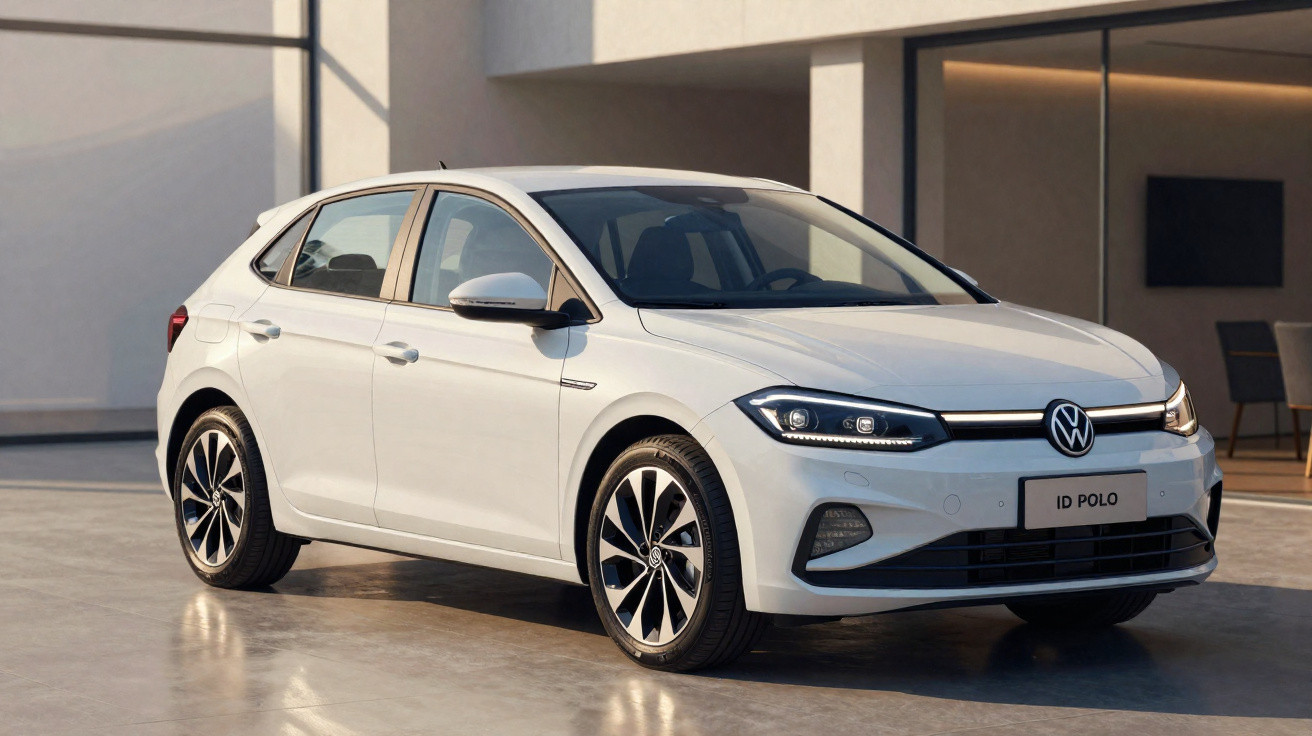Carro elétrico branco Volkswagen ID Polo estacionado em frente a prédio moderno com grandes janelas.