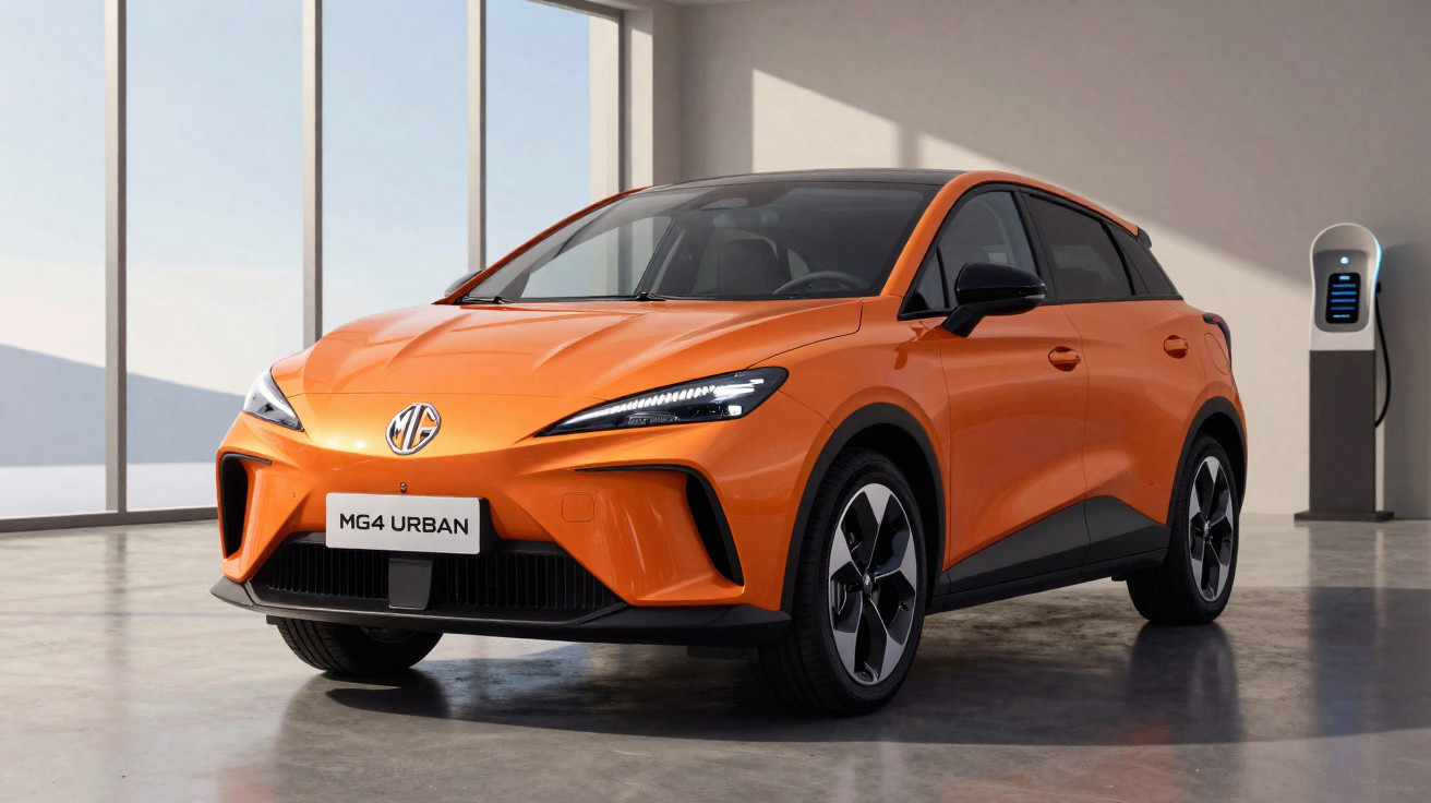 Carro elétrico MG4 Urban laranja estacionado em ambiente interno com carregador ao fundo.
