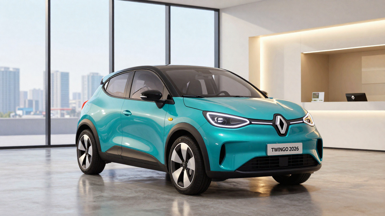 Carro compacto Renault Twingo 2026 azul com teto amarelo, em ambiente interno moderno e iluminado.