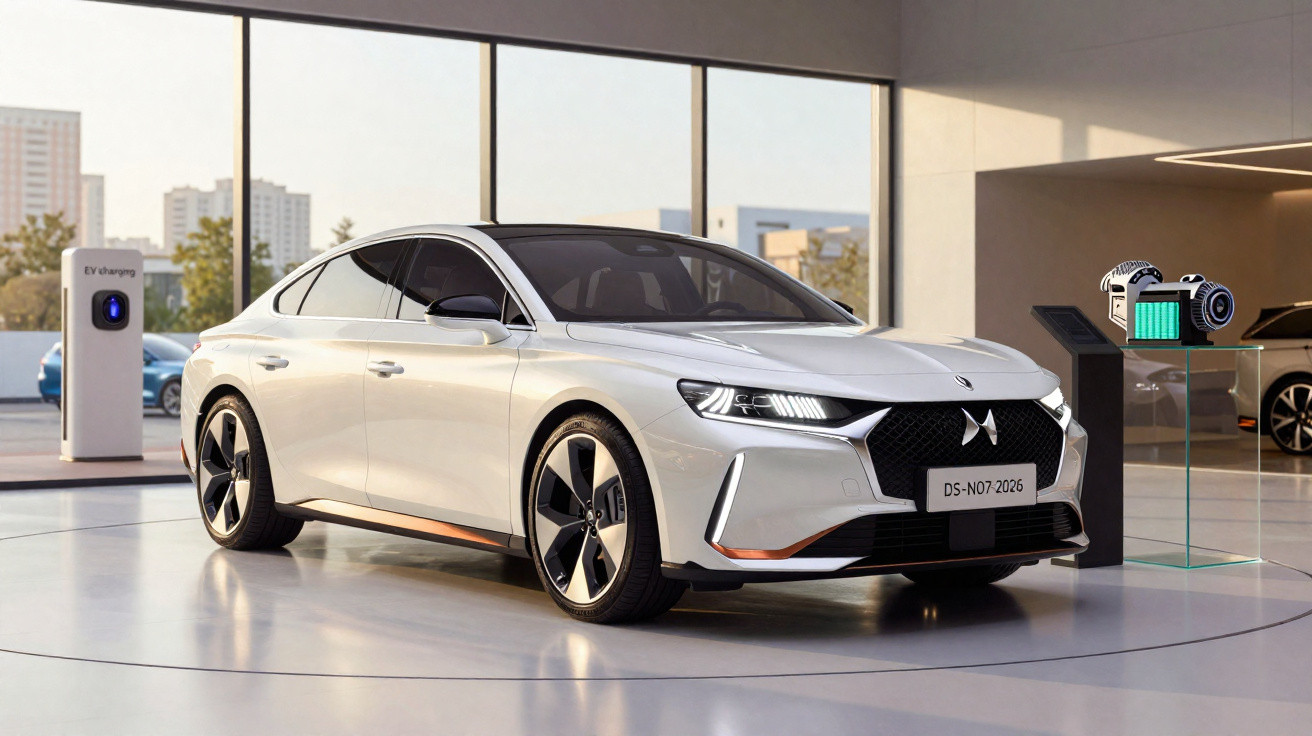 Carro elétrico branco DS 4 E-TENSE 2026 em exposição moderna com luzes acesas e rodas pretas estilizadas.