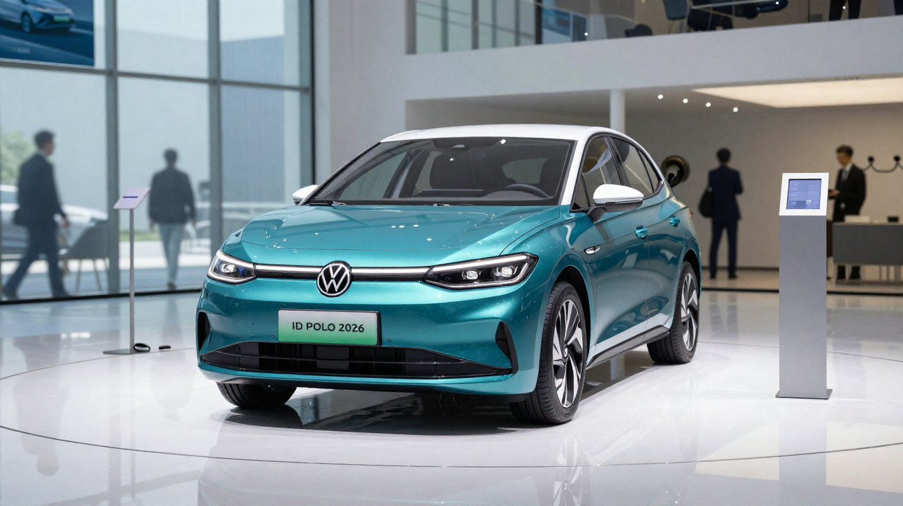 Carro elétrico Volkswagen ID Polo 2026 azul e branco exposto em salão automotivo.
