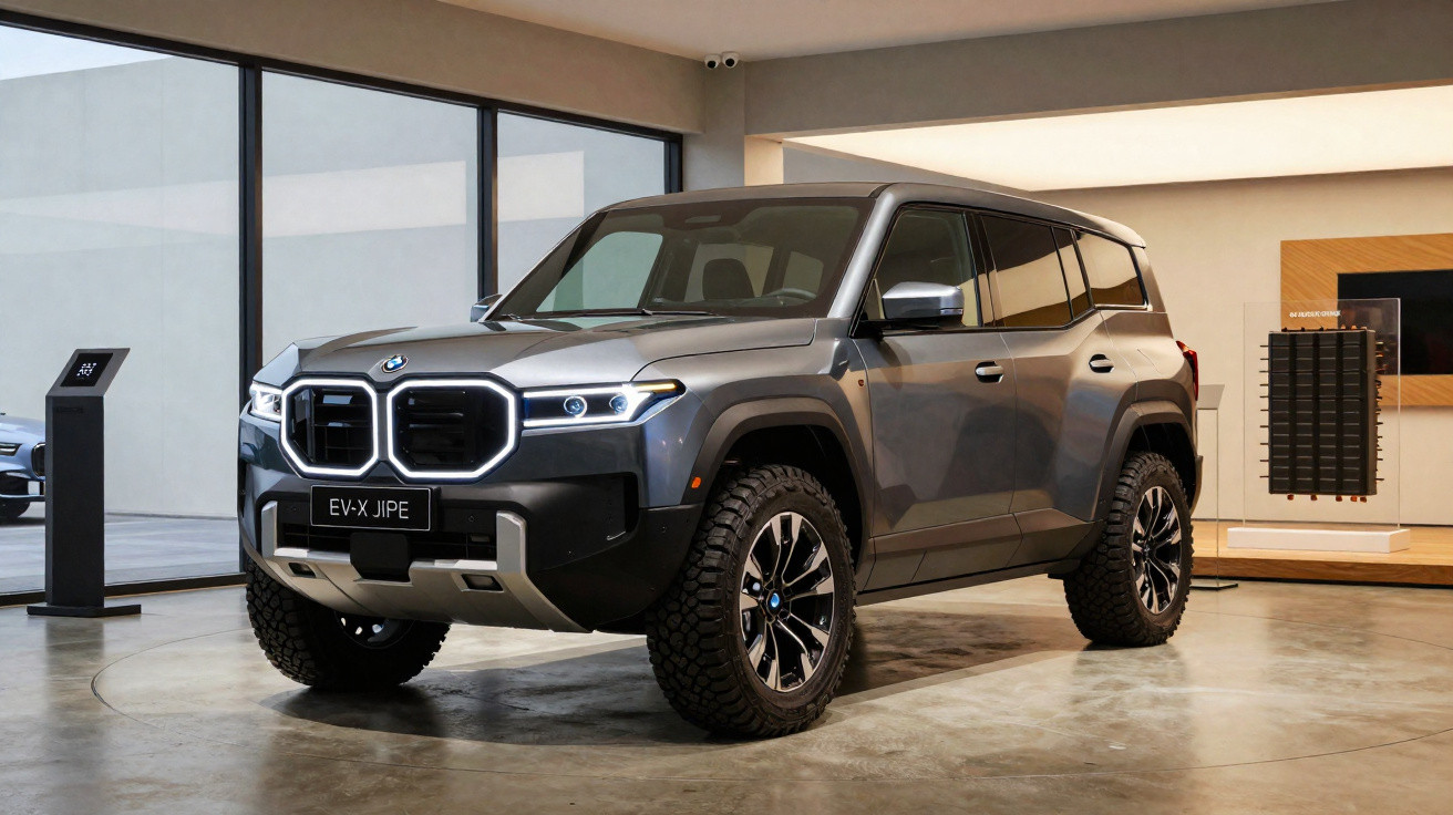SUV elétrico BMW cinza com faróis dianteiros em formato de dupla grade iluminada em azul.