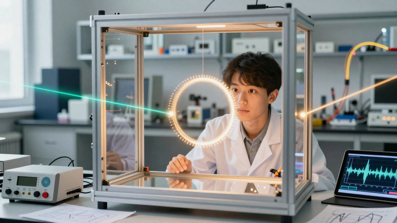 Cientista em laboratório observando experimento com lasers e ondas eletromagnéticas em caixa de vidro.