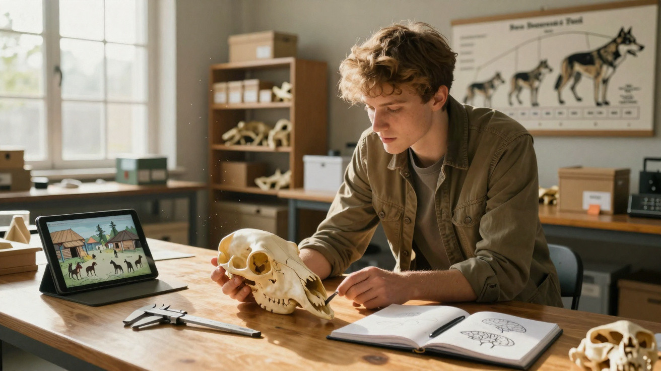 Jovem estudando crânio animal em sala com tablet, caderno de desenhos e pôster de evolução canina.