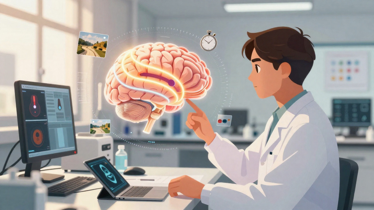Ilustração de cientista em laboratório interagindo com cérebro humano digital flutuante.