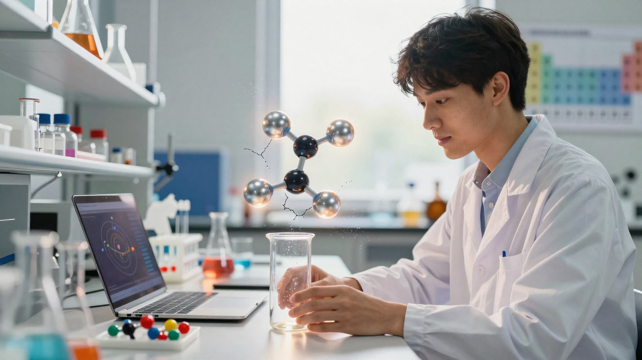 Jovem cientista em laboratório, experimentando com modelo molecular holográfico acima de copo de vidro.
