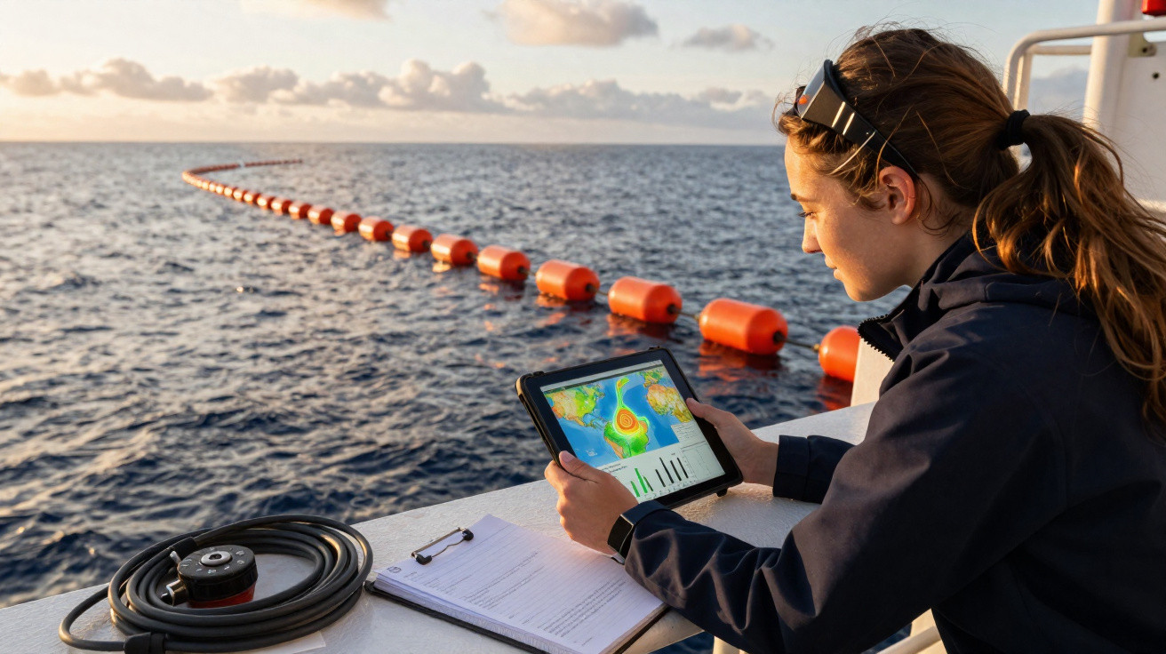 Mulher analisando dados climáticos em tablet, próximo a bóias laranjas no mar durante o pôr do sol.