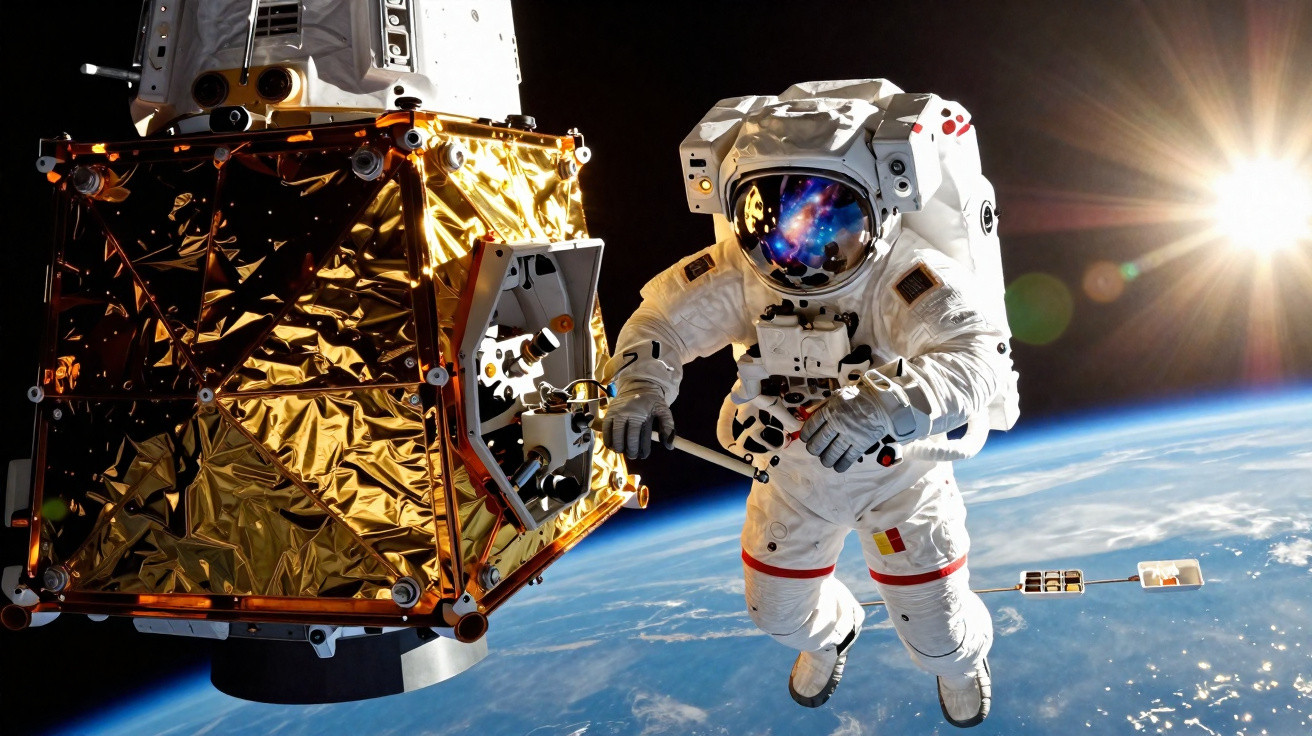 Astronauta realizando caminhada espacial próximo a módulo dourado com Terra e sol ao fundo.