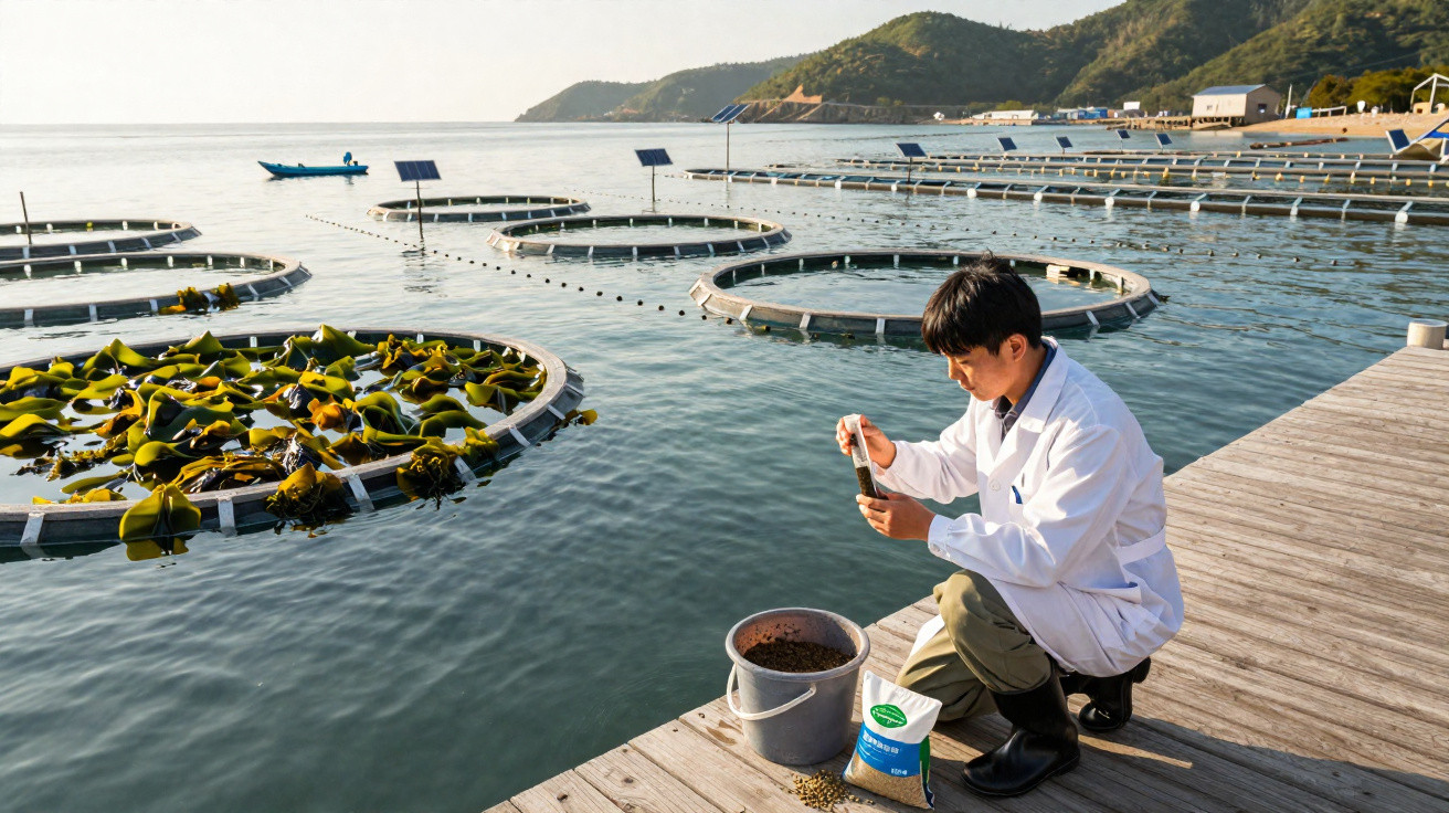 Cientista coleta amostra de água em tanques circulares de cultivo marinho próximo a costa e montanhas.