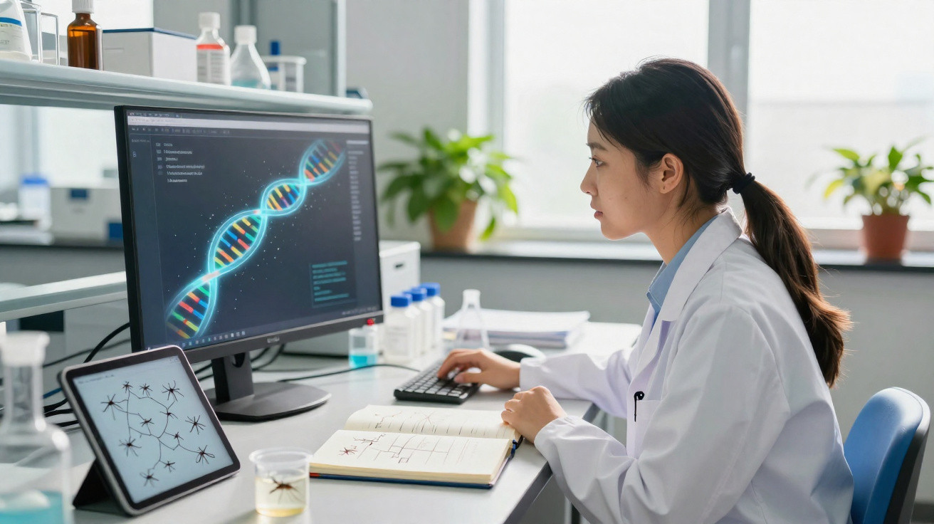 Mulher cientista analisa sequência de DNA em computador em laboratório moderno.
