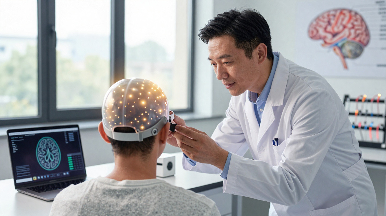 Médico ajusta equipamento de monitoramento cerebral em paciente, com imagens do cérebro no computador ao fundo.