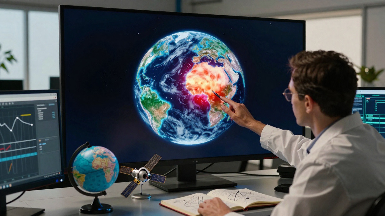 Cientista em laboratório analisando imagem digital da Terra destacando área em chamas na África em tela grande.