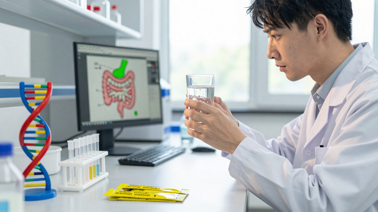 Cientista em laboratório segurando copo de água, com imagem do sistema digestivo na tela do computador.