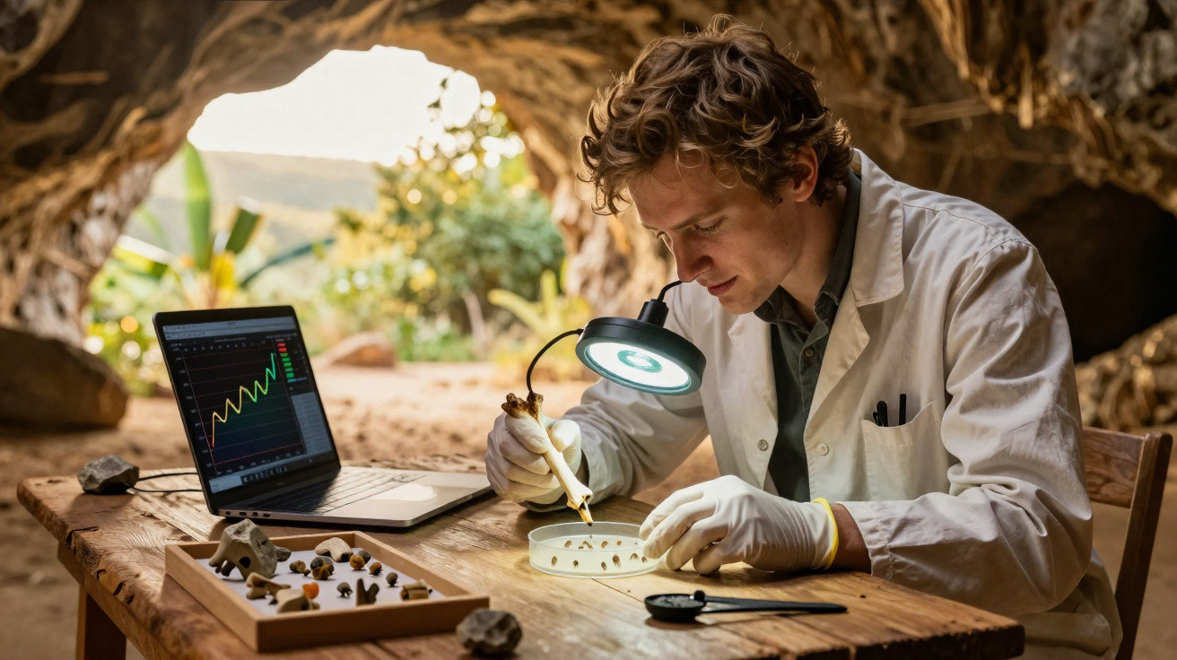 Cientista analisa amostras em placa de petri com lupa e laptop em mesa dentro de caverna.