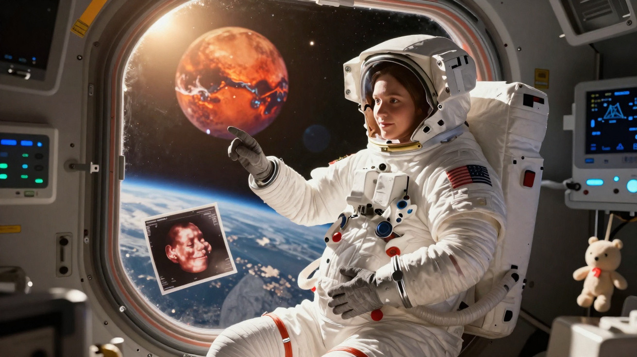 Astronauta feminina segurando ultrassom de bebê dentro de nave espacial com vista para Marte e Terra.