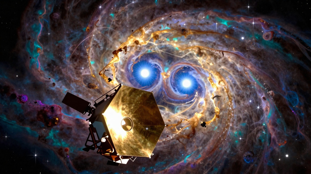Nave espacial dourada explorando galáxia com duas estrelas azuis brilhantes e nuvens cósmicas coloridas.