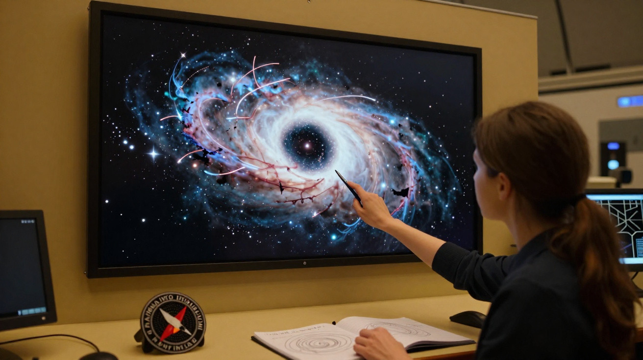 Mulher olhando para tela com imagem de galáxia espiral e apontando com caneta em um escritório.