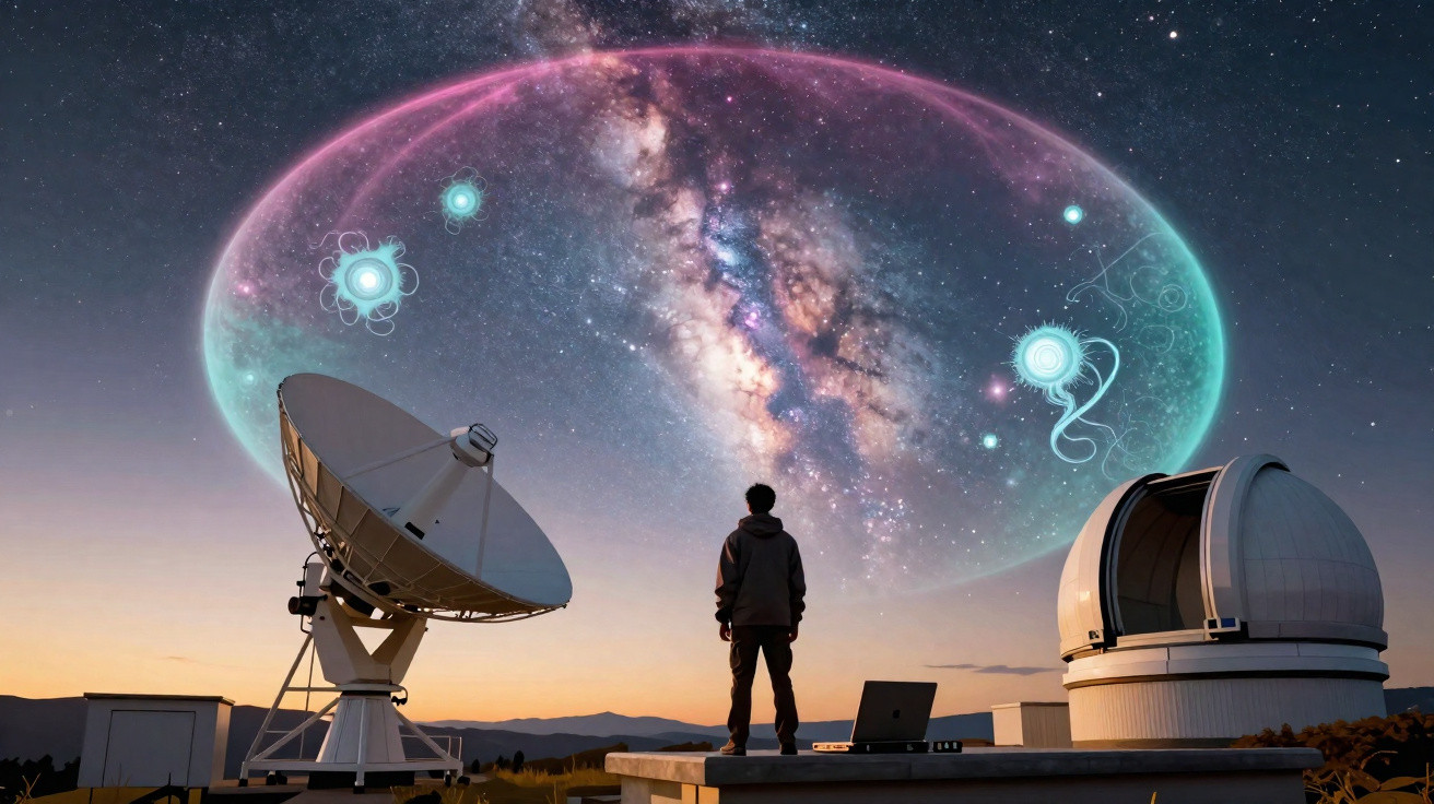 Pessoa observa céu noturno estrelado com radiotelescópio e observatório sob galáxia e símbolos cósmicos brilhantes.