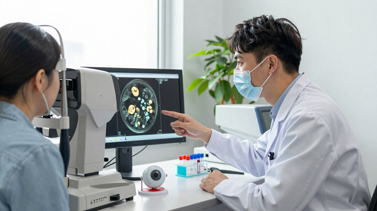 Médico usando máscara analisa exame médico no computador enquanto paciente observa em consultório.