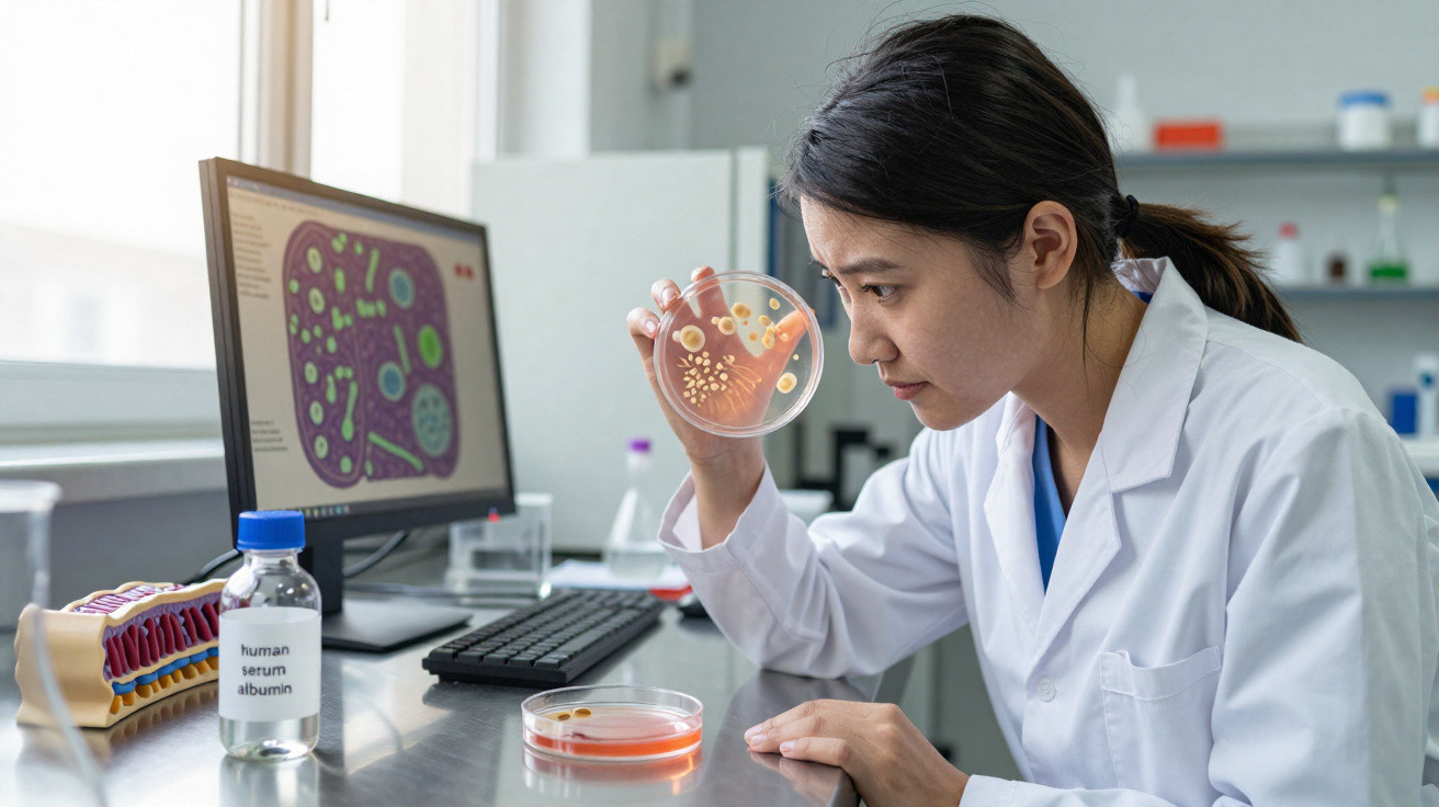Cientista com jaleco analisa cultura de bactérias em placa de Petri em laboratório moderno.
