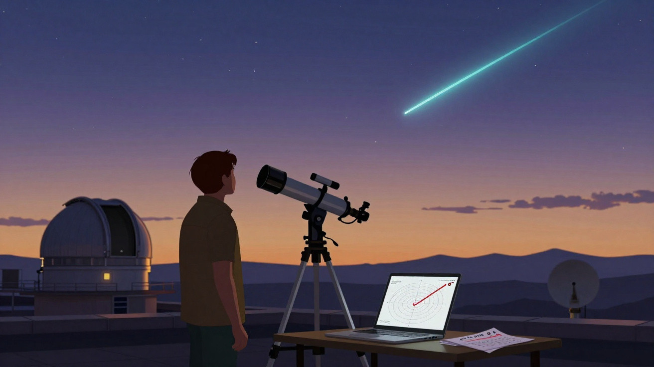 Jovem observa meteoro no céu ao lado de telescópio e laptop em observatório ao entardecer.