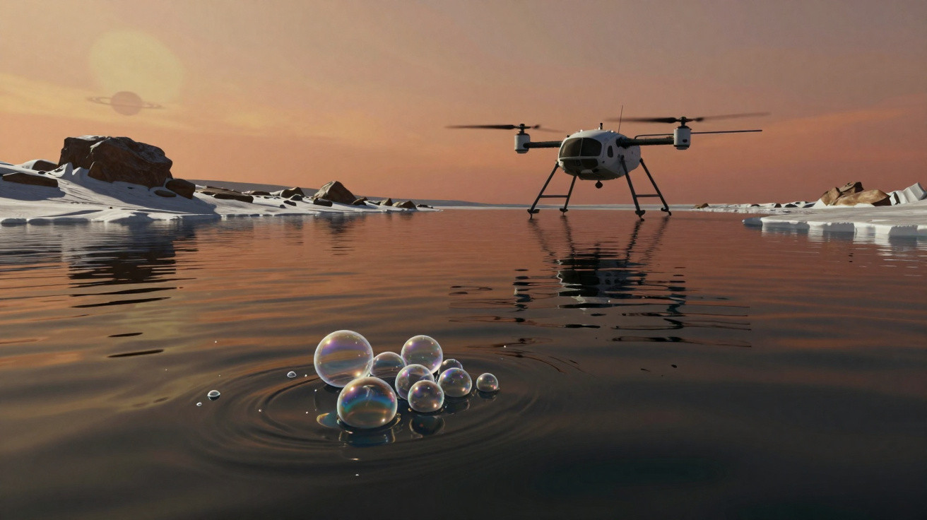 Drone branco pousando em lago com bolhas de sabão na água ao pôr do sol em ambiente gelado.