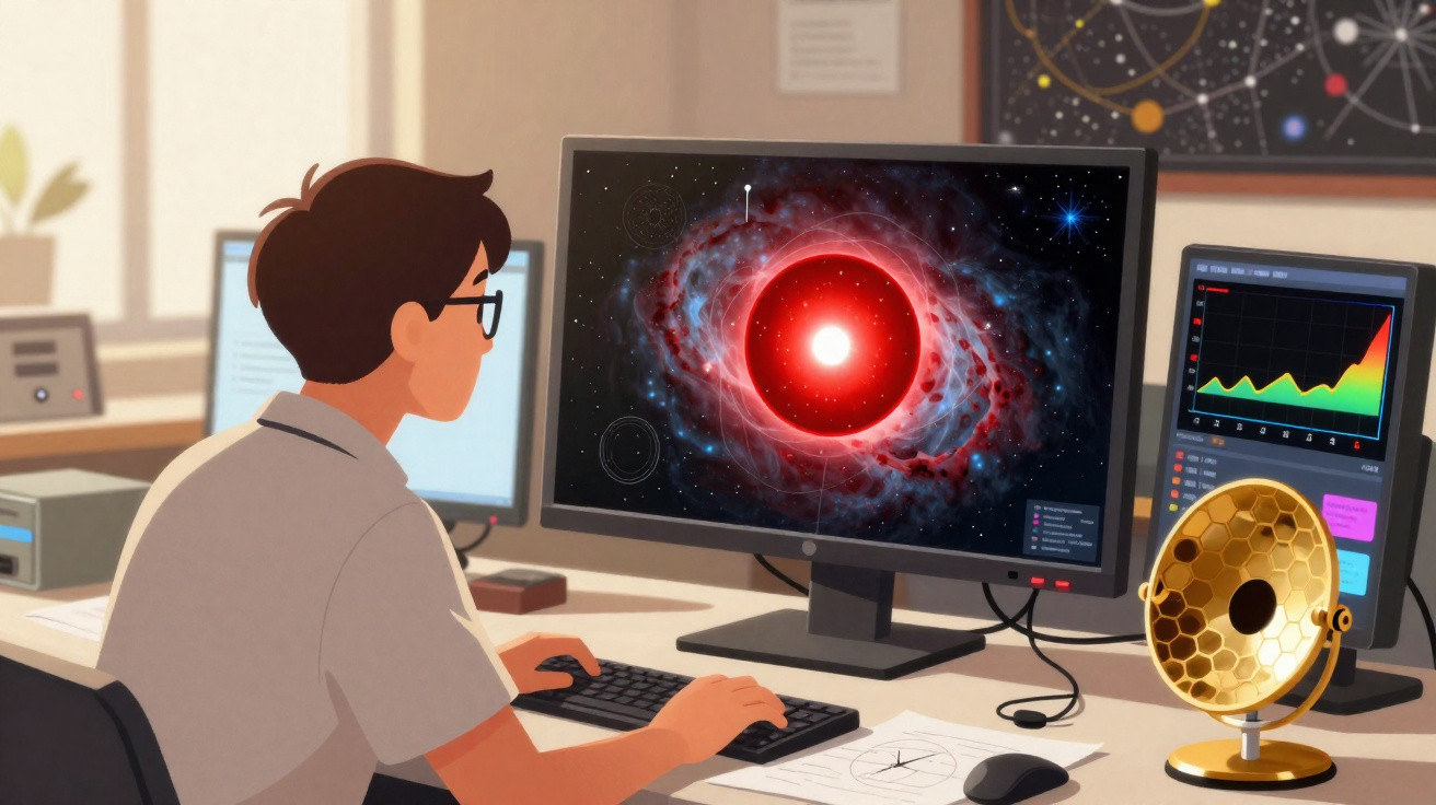 Pessoa analisando imagem digital de uma estrela vermelha em computador em ambiente de pesquisa astronômica.
