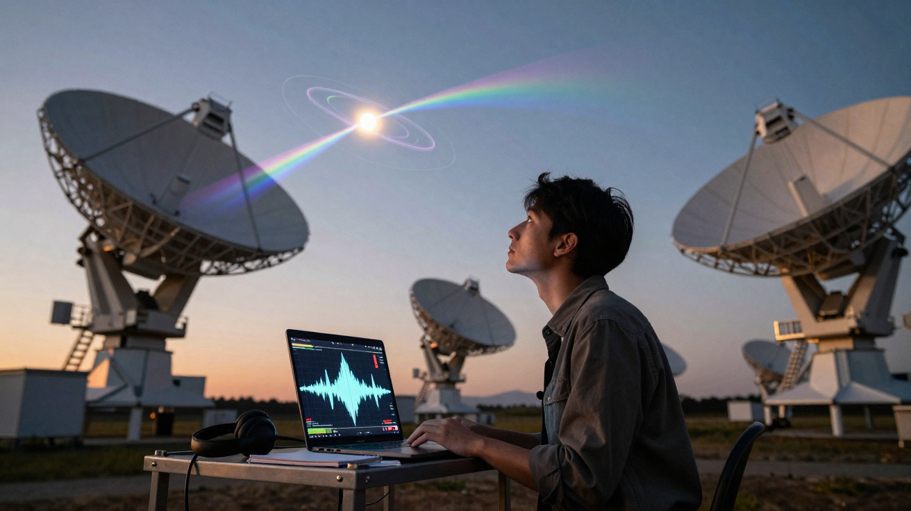 Jovem usando laptop perto de antenas parabólicas ao entardecer, recepção de sinal luminoso colorido no céu.