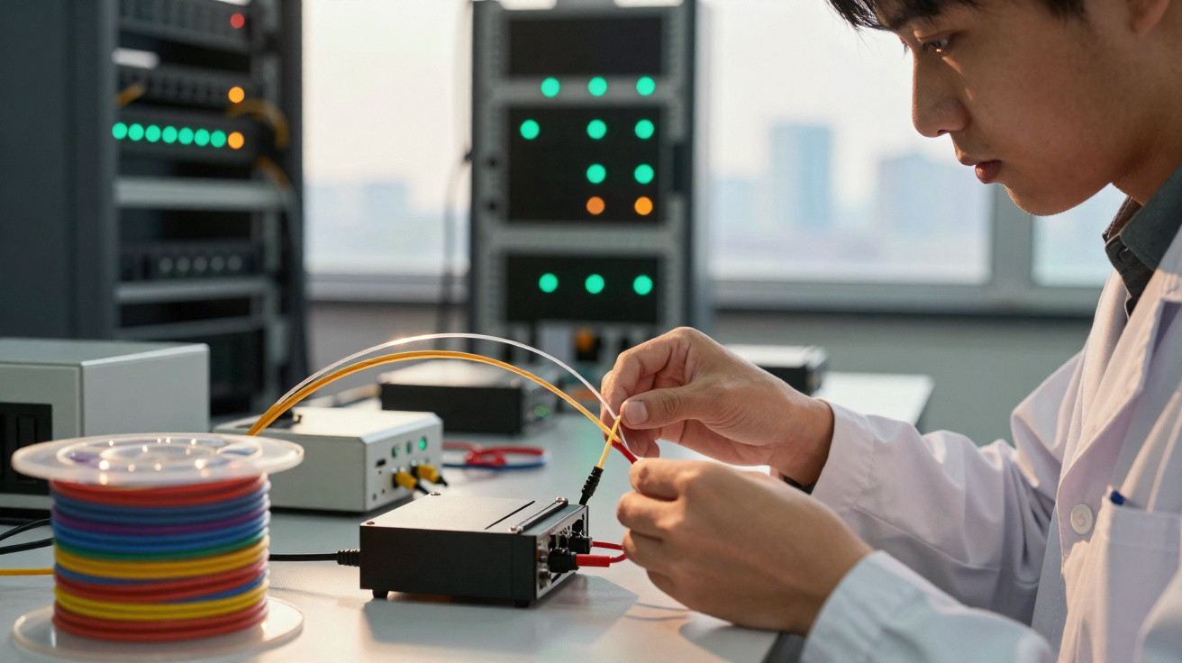 Homem em jaleco conecta cabos em equipamento eletrônico com luzes indicadoras verdes e laranjas ao fundo.