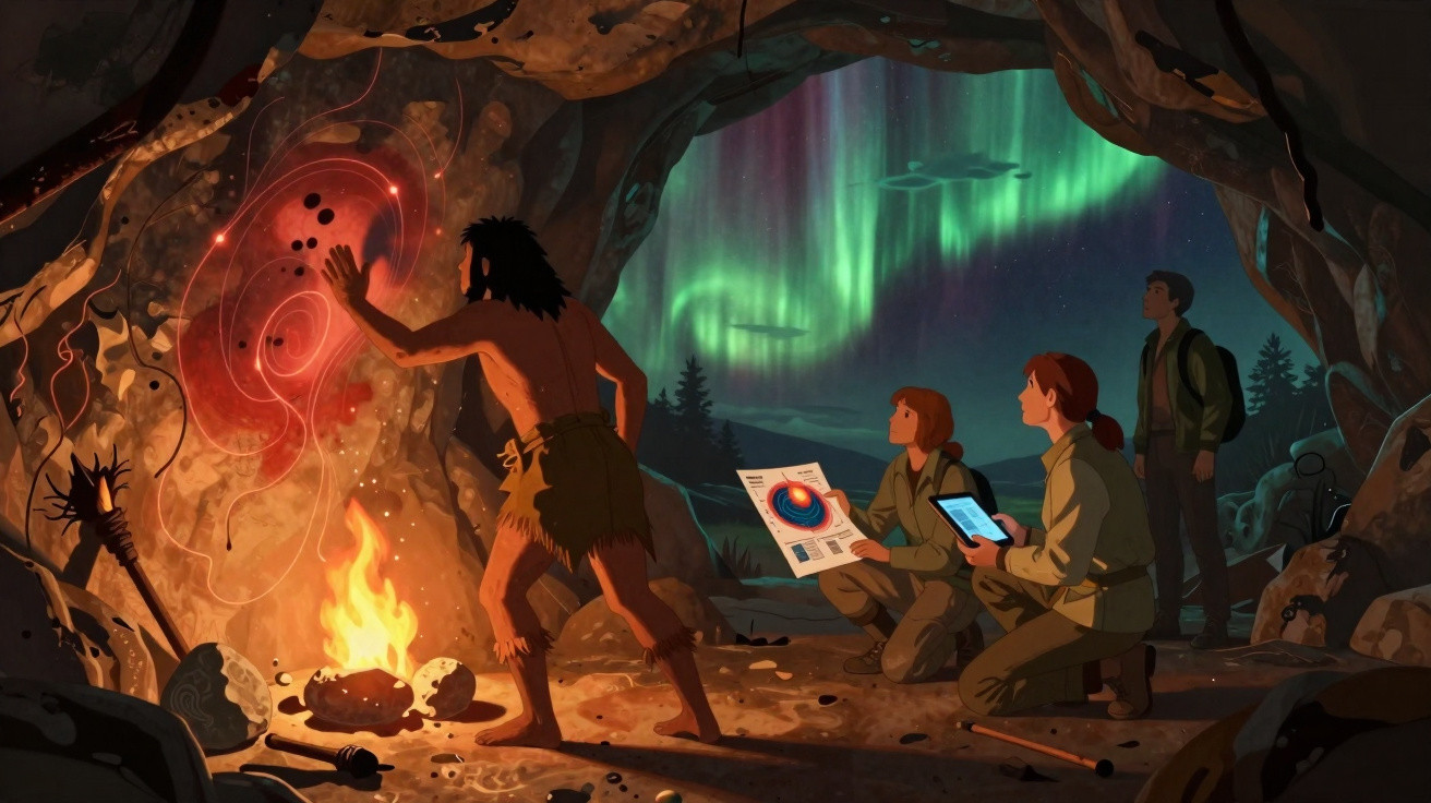 Homem das cavernas diante de pintura rupestre observa três exploradores com mapas e tablets sob aurora boreal.