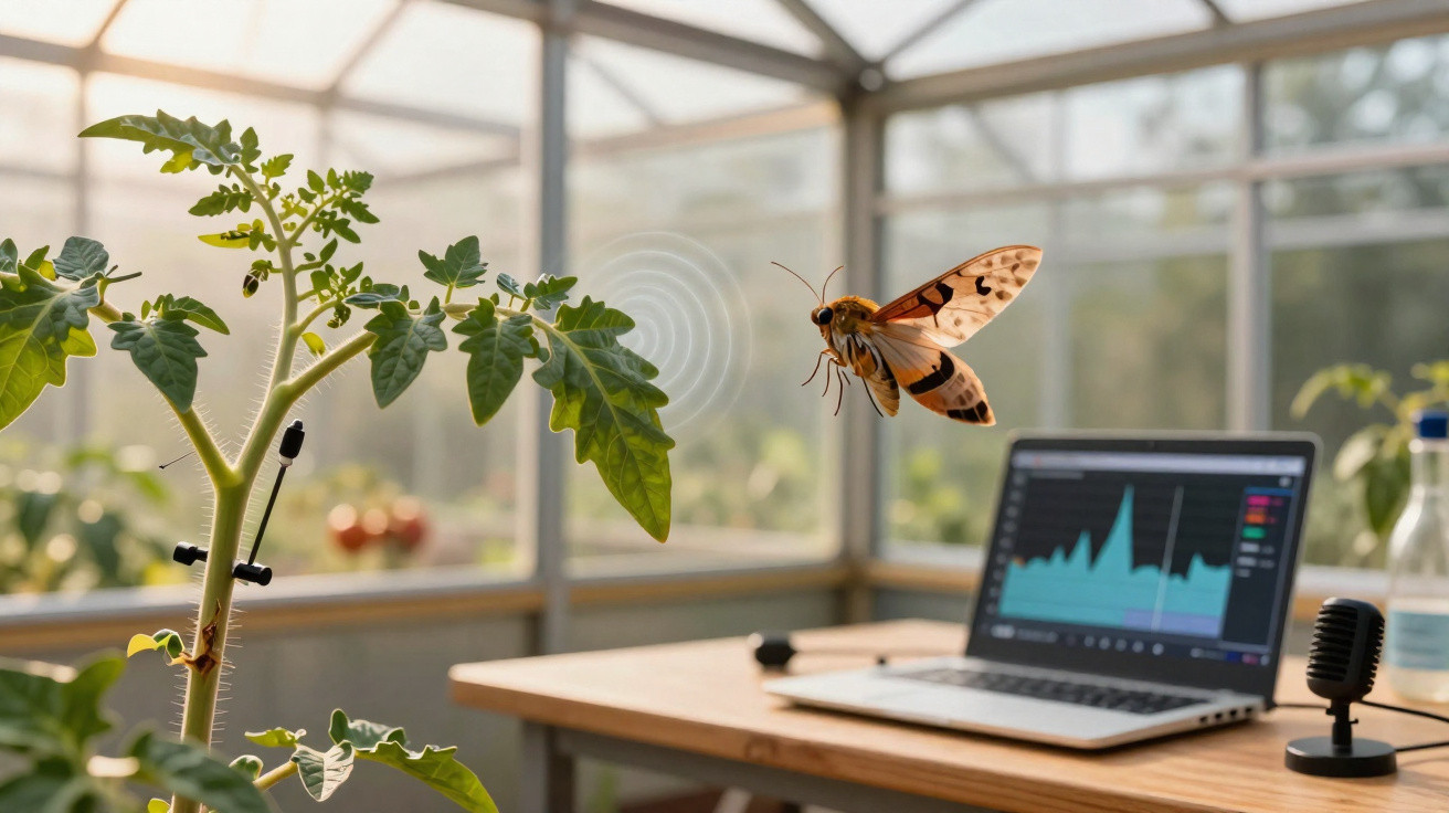 Morcego voando perto de planta com microfone, laptop e gráfico em ambiente ensolarado interno.