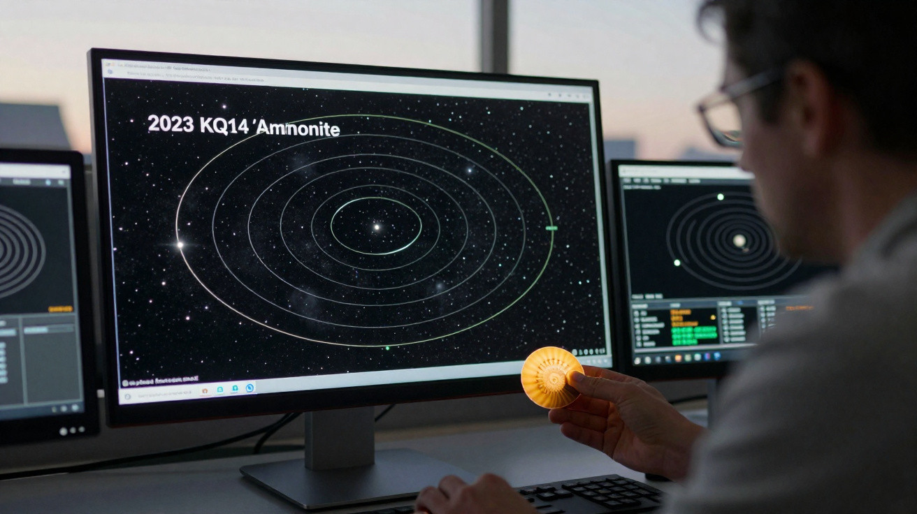 Pessoa segurando fóssil de amonite enquanto observa tela com órbitas planetárias e nome do asteroide 2023 KQ14 Ammonite.