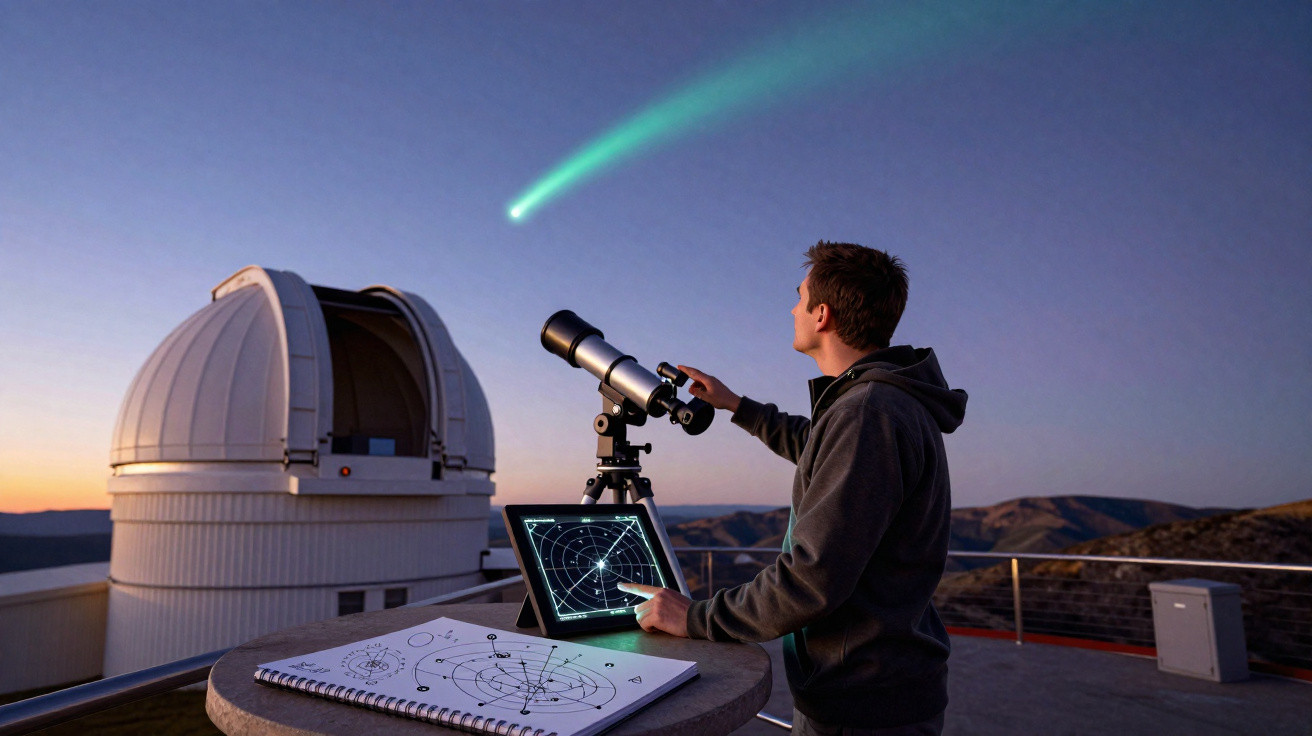 Astrônomo observa com telescópio e tablet um cometa luminoso no céu ao entardecer em observatório.