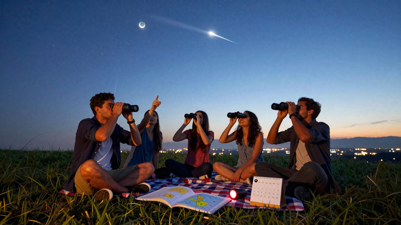 Cinco pessoas observando o céu noturno com binóculos em um piquenique, com lua crescente e estrela cadente.