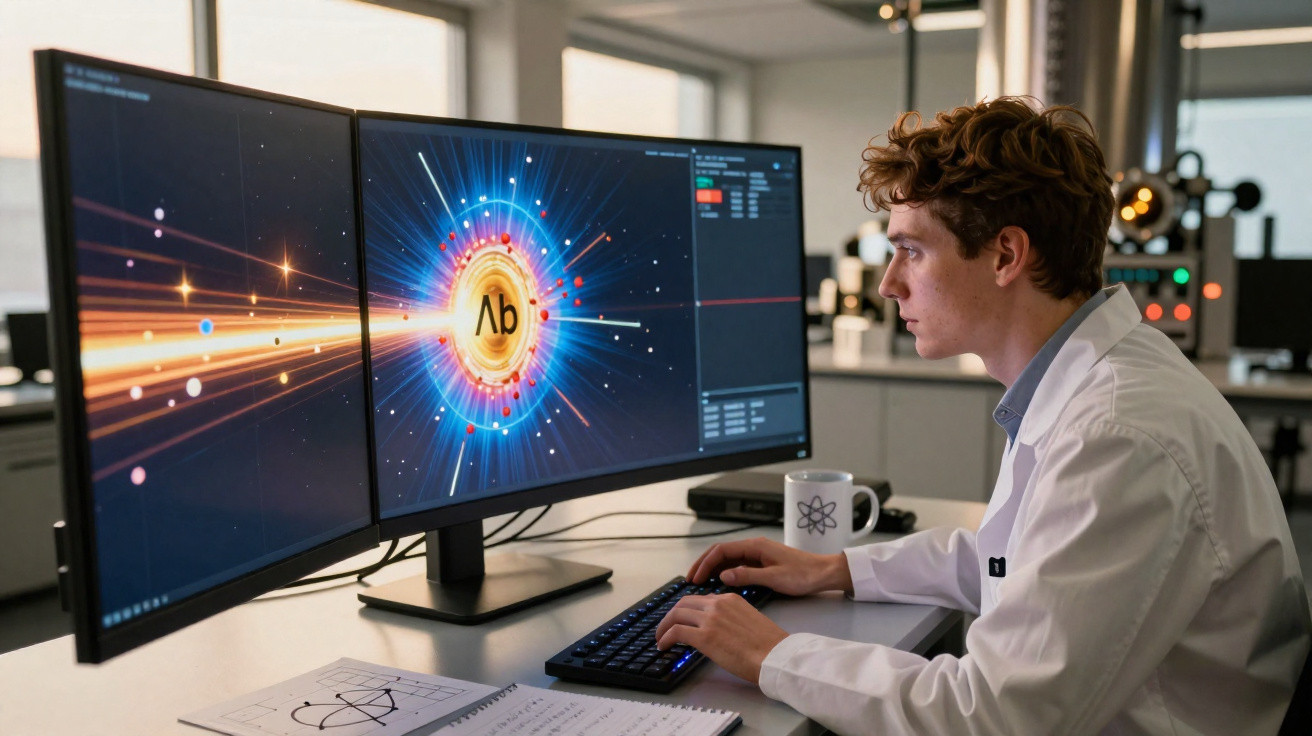 Jovem cientista em laboratório analisando simulação atômica em dois monitores ultrawide.