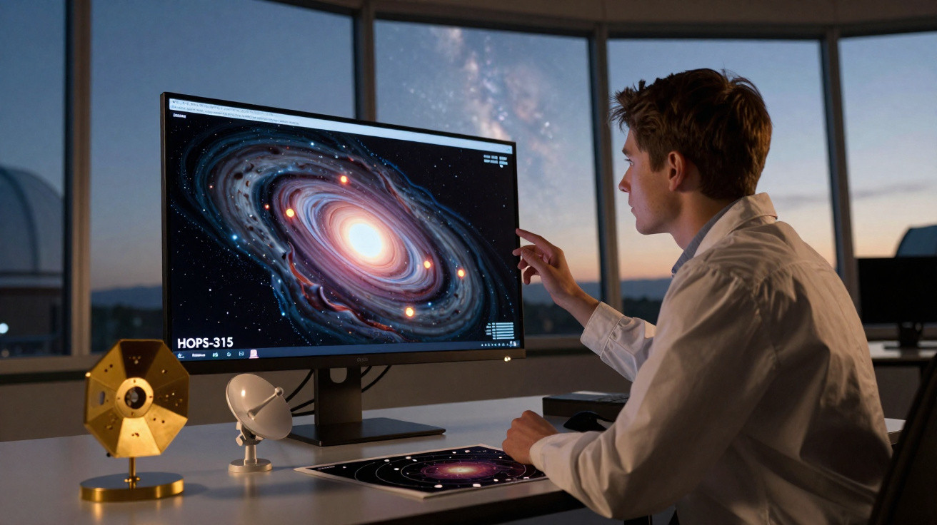 Jovem cientista observa imagem de galáxia na tela de computador em laboratório com janelas panorâmicas ao fundo.