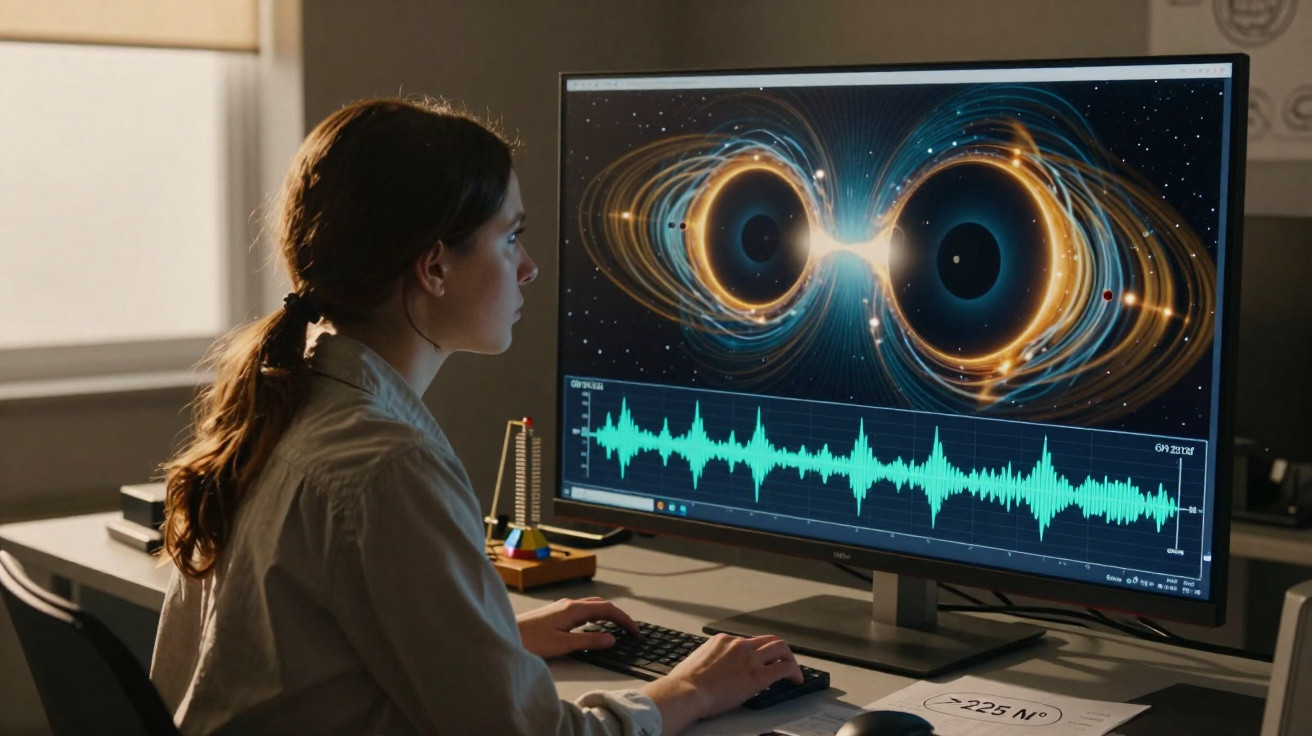 Mulher analisando dados científicos sobre buracos negros em gráfico de ondas sonoras em computador.
