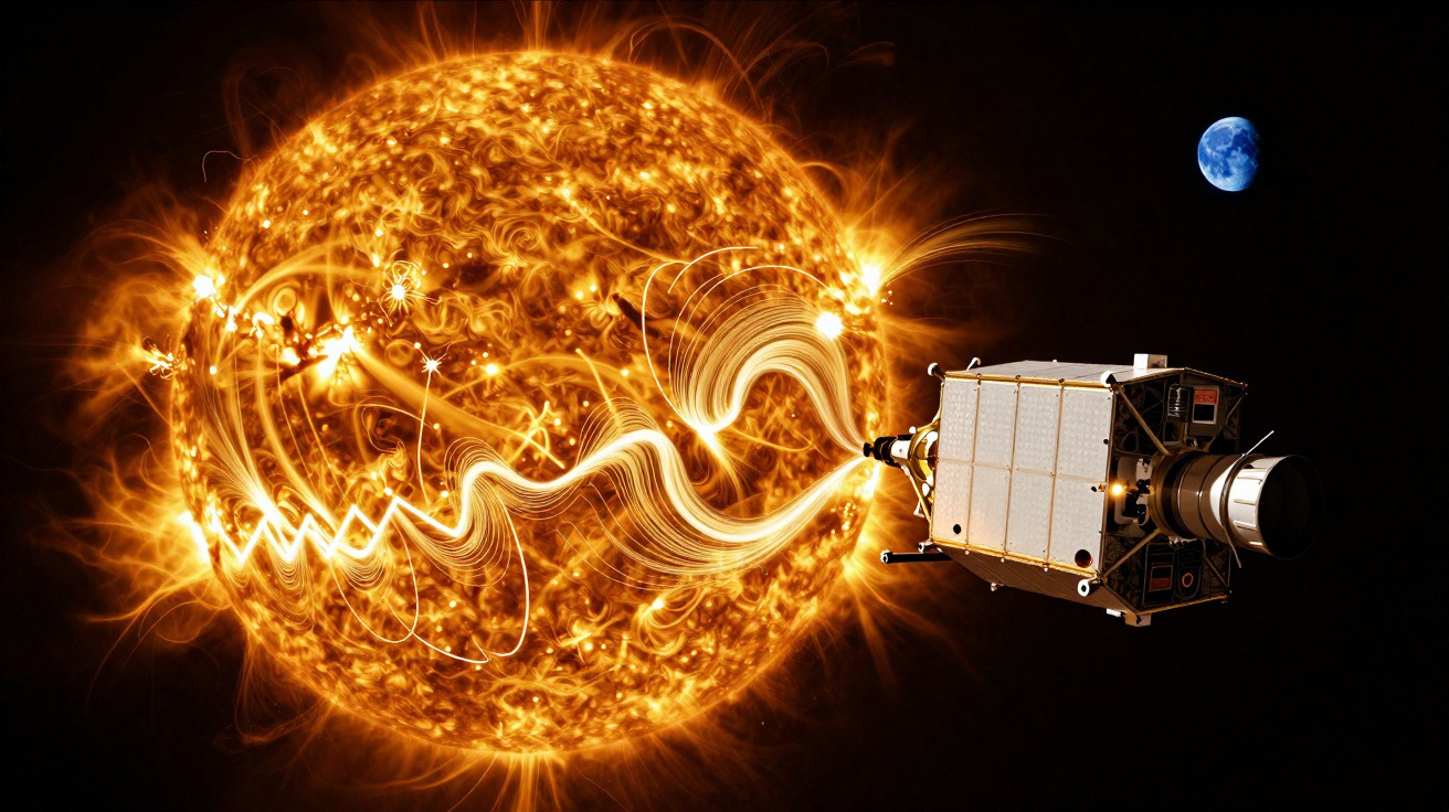 Sonda espacial coletando dados de tempestade solar enquanto Terra aparece ao fundo, no espaço.