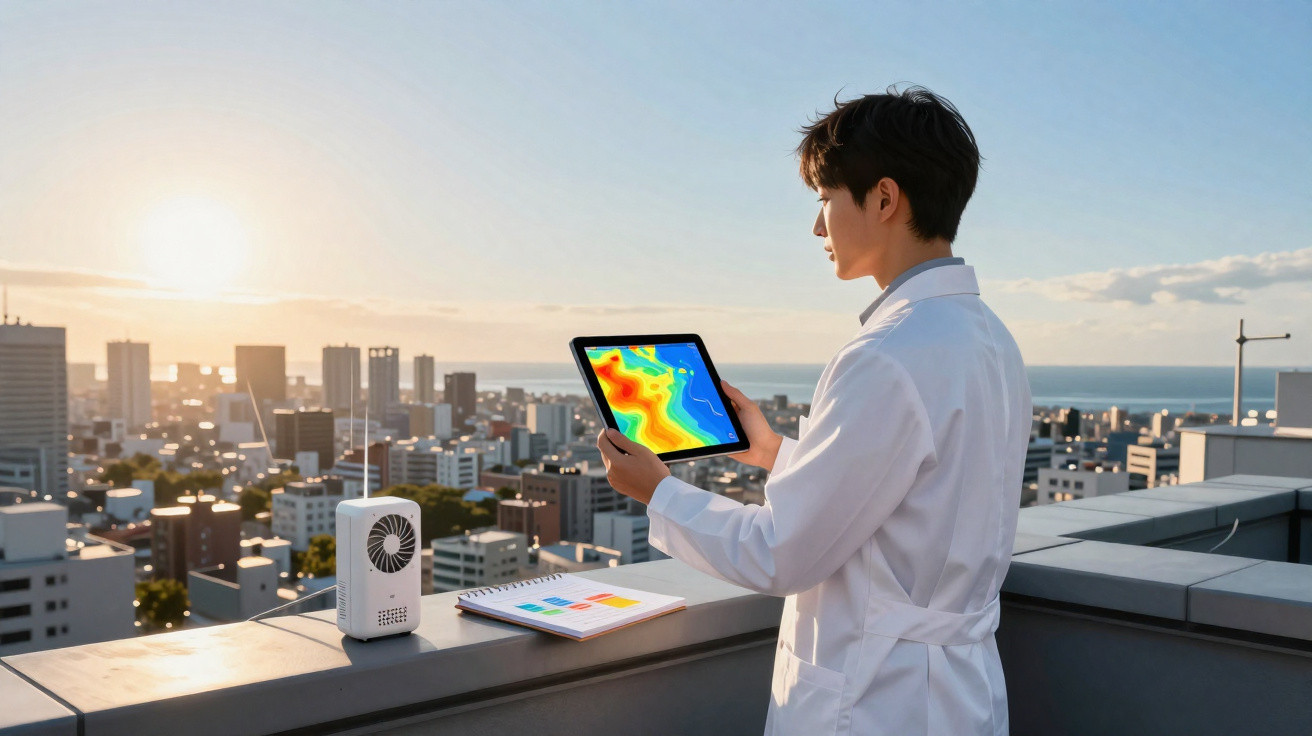Homem com jaleco branco analisa mapa térmico em tablet na cobertura de prédio em cidade ao pôr do sol.
