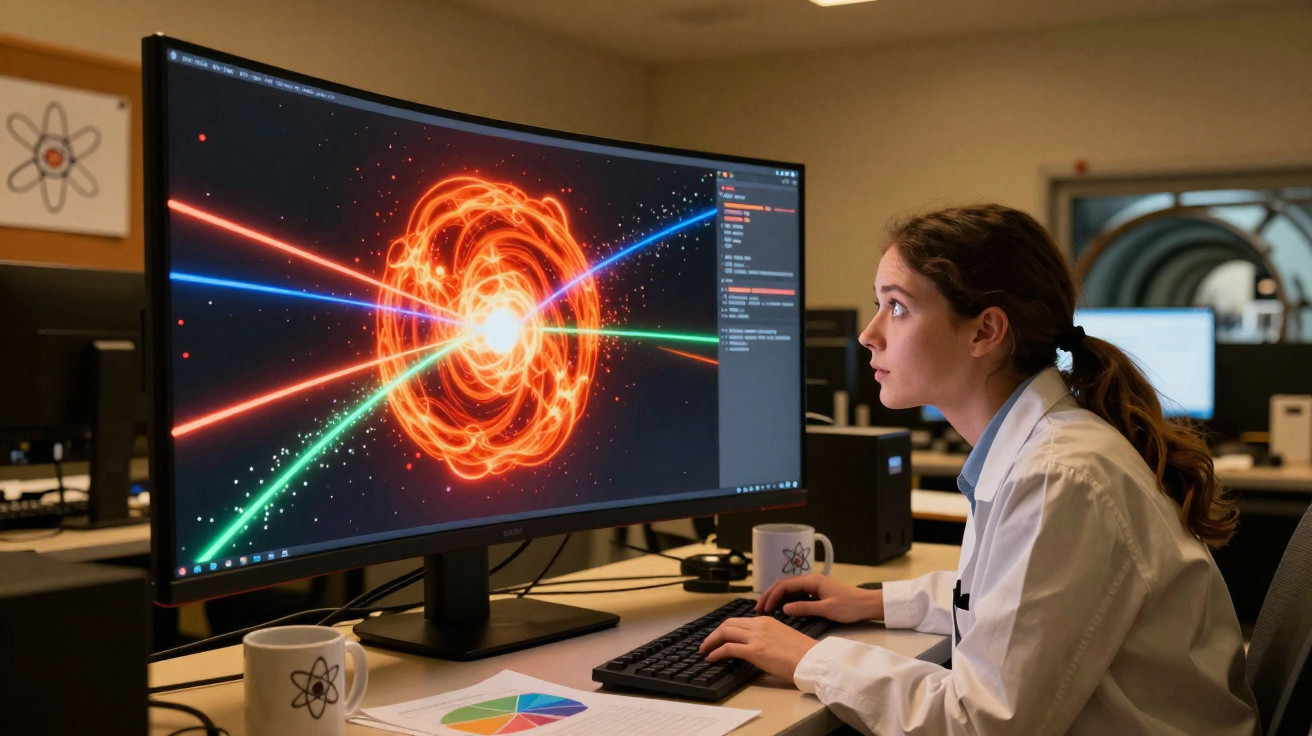 Jovem cientista analisando simulação digital de partículas e luzes coloridas em grande monitor no laboratório.