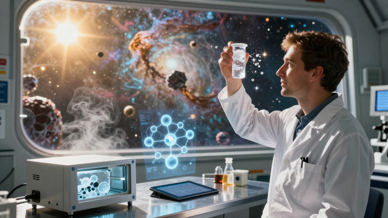 Cientista em laboratório futurista observa amostra com holograma de moléculas e espaço sideral ao fundo.