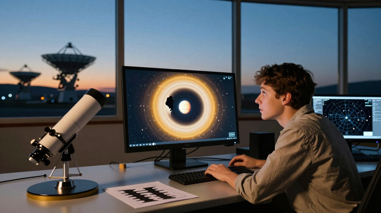 Jovem estudando imagens espaciais em computador, com telescópio e antenas parabólicas ao fundo ao entardecer.