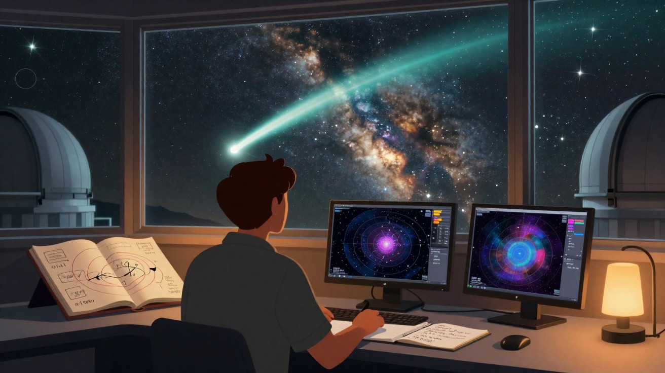 Pessoa observando cometa e galáxia pela janela, em sala com computadores e cadernos de astronomia.